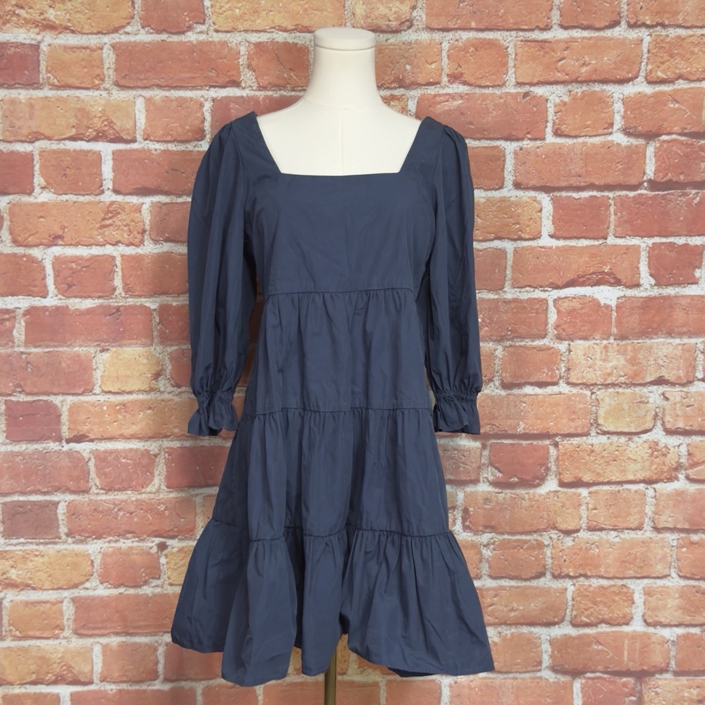 Madewell Dress Women's Size 2 Blue 3/4 Puff Sleeve Tiered Mini Boho Cottagecore